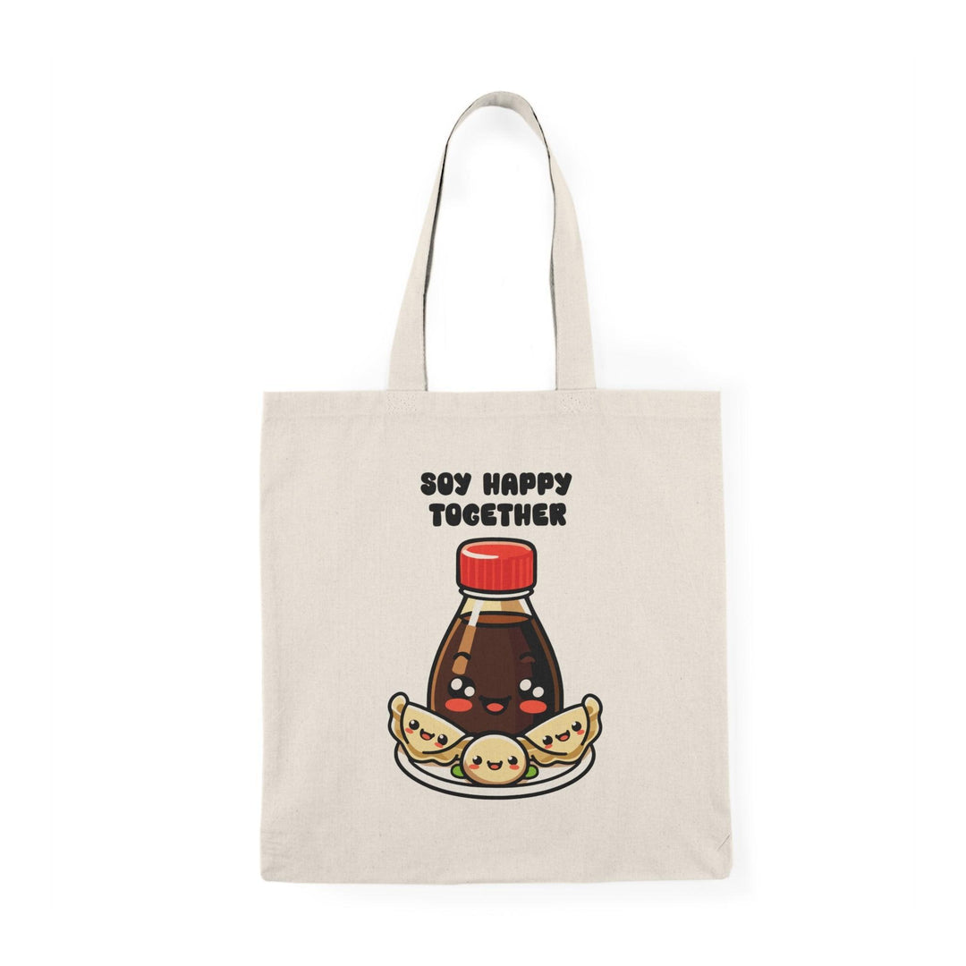 A natural tote bag showcasing a charming graphic of a soy sauce bottle and sushi, with the text 'Soy Better Together.' This punny design appeals to food lovers and adds a delightful touch to dining experiences.