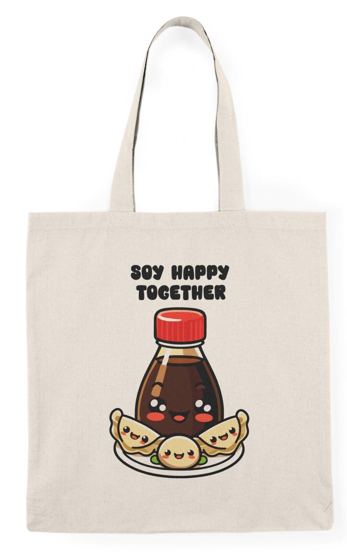 A natural tote bag showcasing a charming graphic of a soy sauce bottle and sushi, with the text 'Soy Better Together.' This punny design appeals to food lovers and adds a delightful touch to dining experiences. KEOLIX