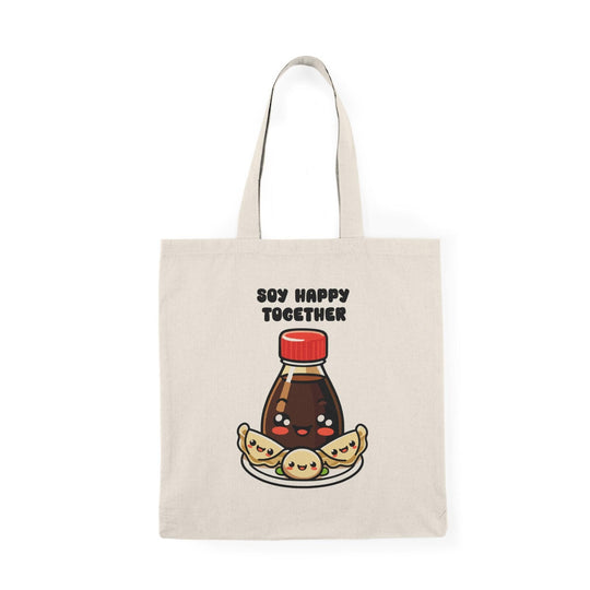 A natural tote bag showcasing a charming graphic of a soy sauce bottle and sushi, with the text 'Soy Better Together.' This punny design appeals to food lovers and adds a delightful touch to dining experiences.