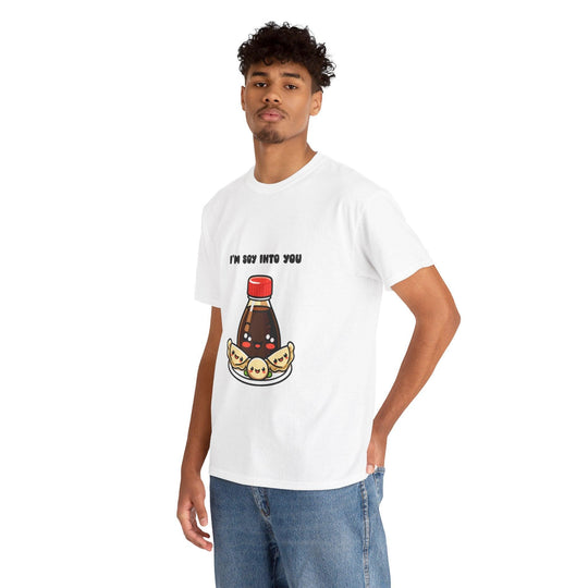 White T-shirt featuring a soy sauce bottle and a sushi roll, along with the phrase 'I'm Soy Into You.' A fun and punny design, perfect for expressing love in a light-hearted way."