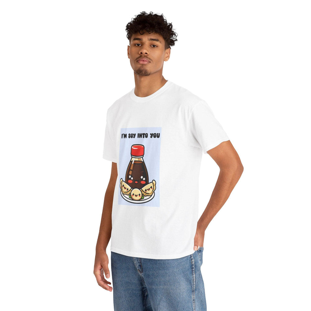 White T-shirt featuring a soy sauce bottle and a sushi roll, along with the phrase 'I'm Soy Into You.' A fun and punny design, perfect for expressing love in a light-hearted way."