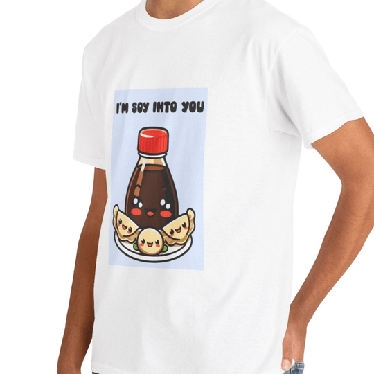 White T-shirt featuring a soy sauce bottle and a sushi roll, along with the phrase 'I'm Soy Into You.' A fun and punny design, perfect for expressing love in a light-hearted way."