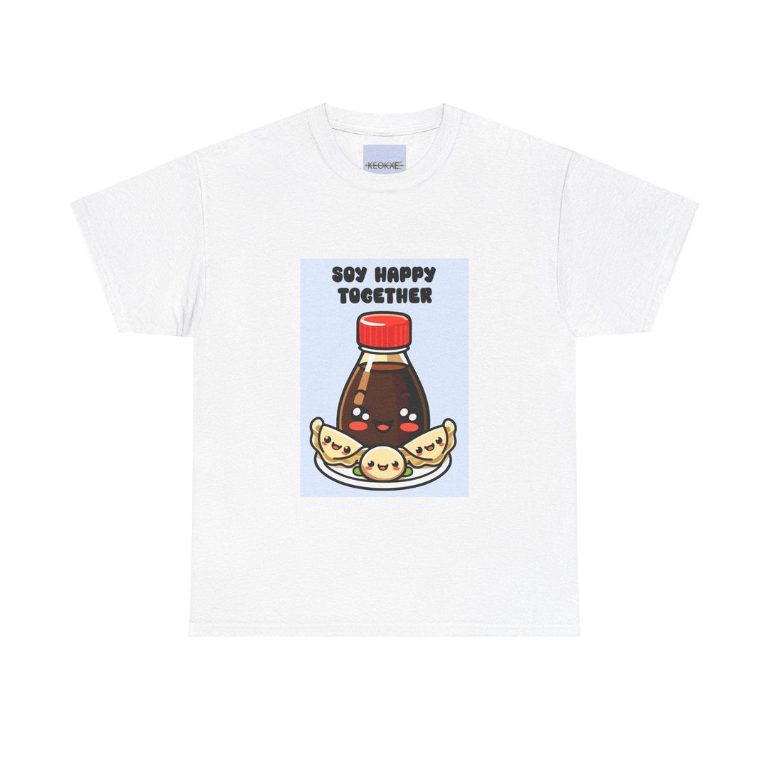 White T-shirt featuring a soy sauce bottle and sushi roll, with the phrase 'Soy Better Together.' A charming, food-themed design for those who love sushi and puns