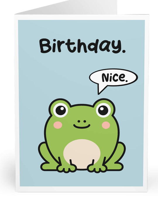 A folded greeting card shown standing upright on a white background. The card has a light blue front with the word &