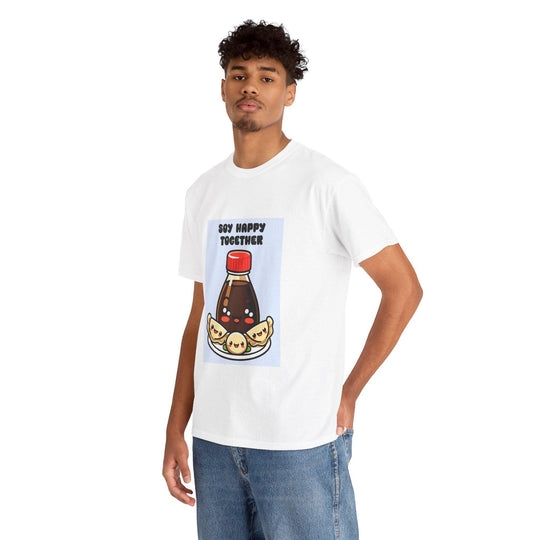 White T-shirt featuring a soy sauce bottle and sushi roll, with the phrase 'Soy Better Together.' A charming, food-themed design for those who love sushi and puns