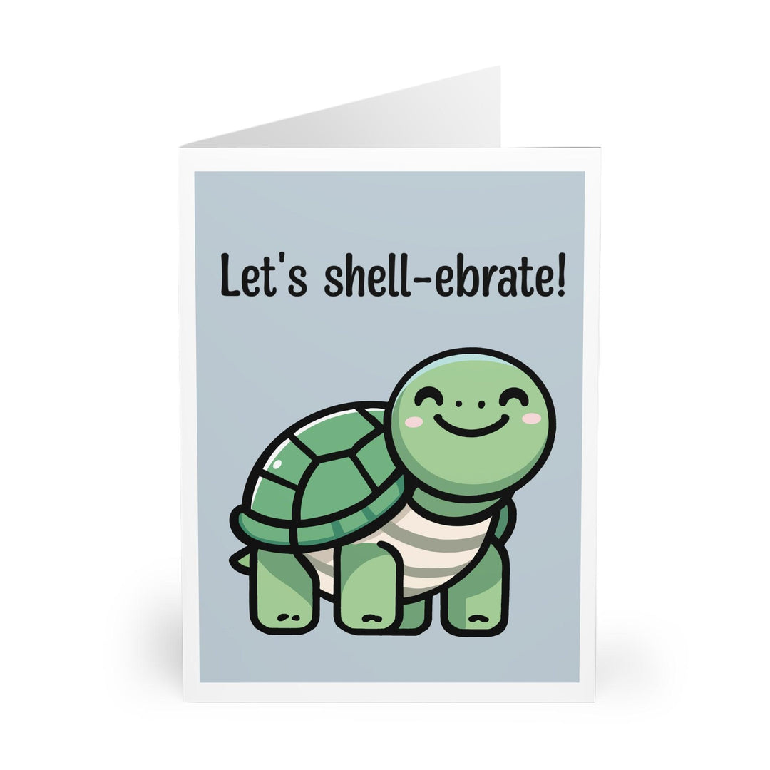 Adorable celebration card featuring a smiling turtle with the phrase 'Let's Shell-ebrate!' Ideal for birthdays or any joyful occasion - Baby Keo.