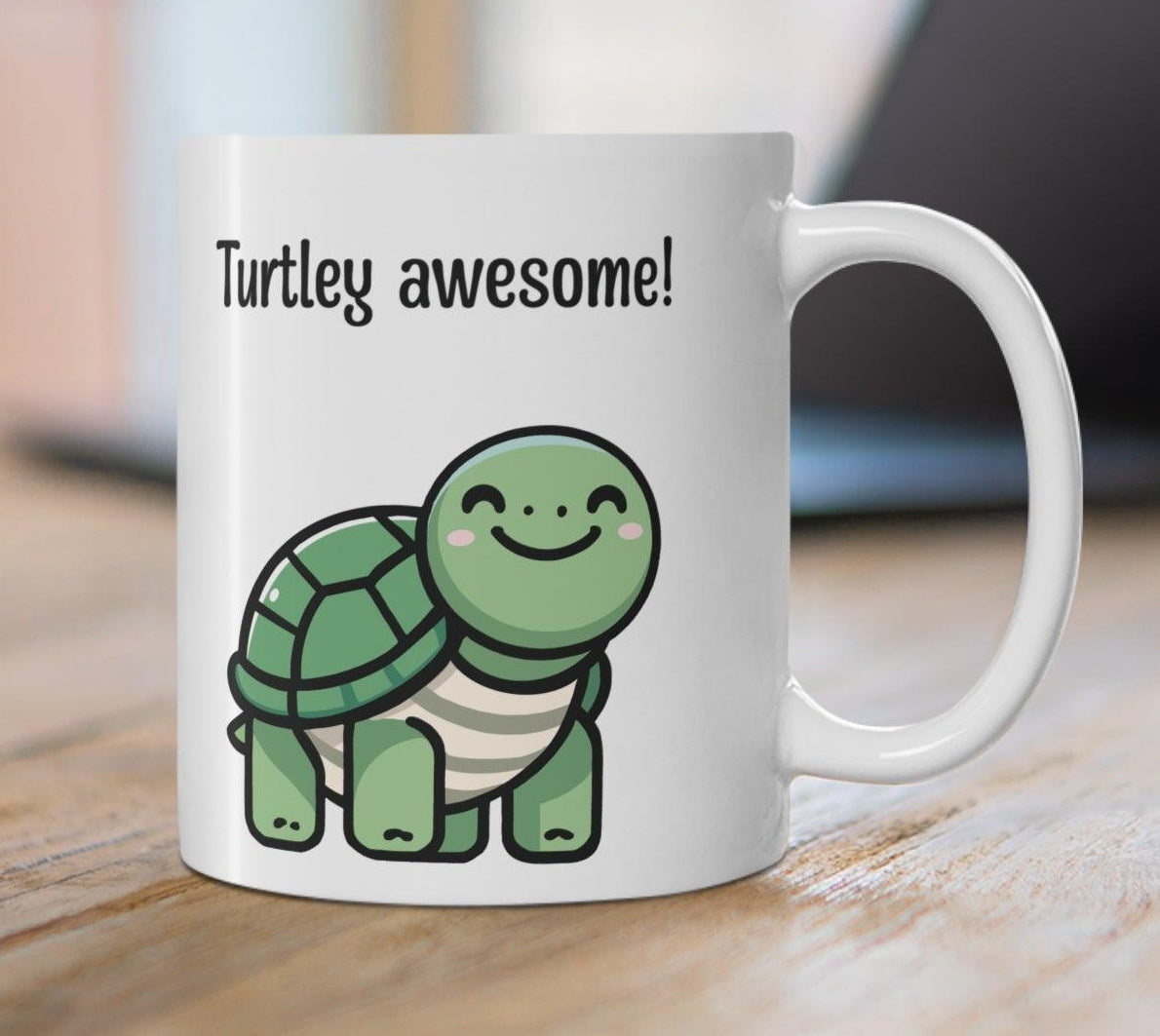 'Turtley Awesome!' Mug - "Cute white ceramic mug featuring a cartoon turtle and the playful text 'Turtley Awesome!,' perfect for turtle lovers and pun fans." KEOLIX 