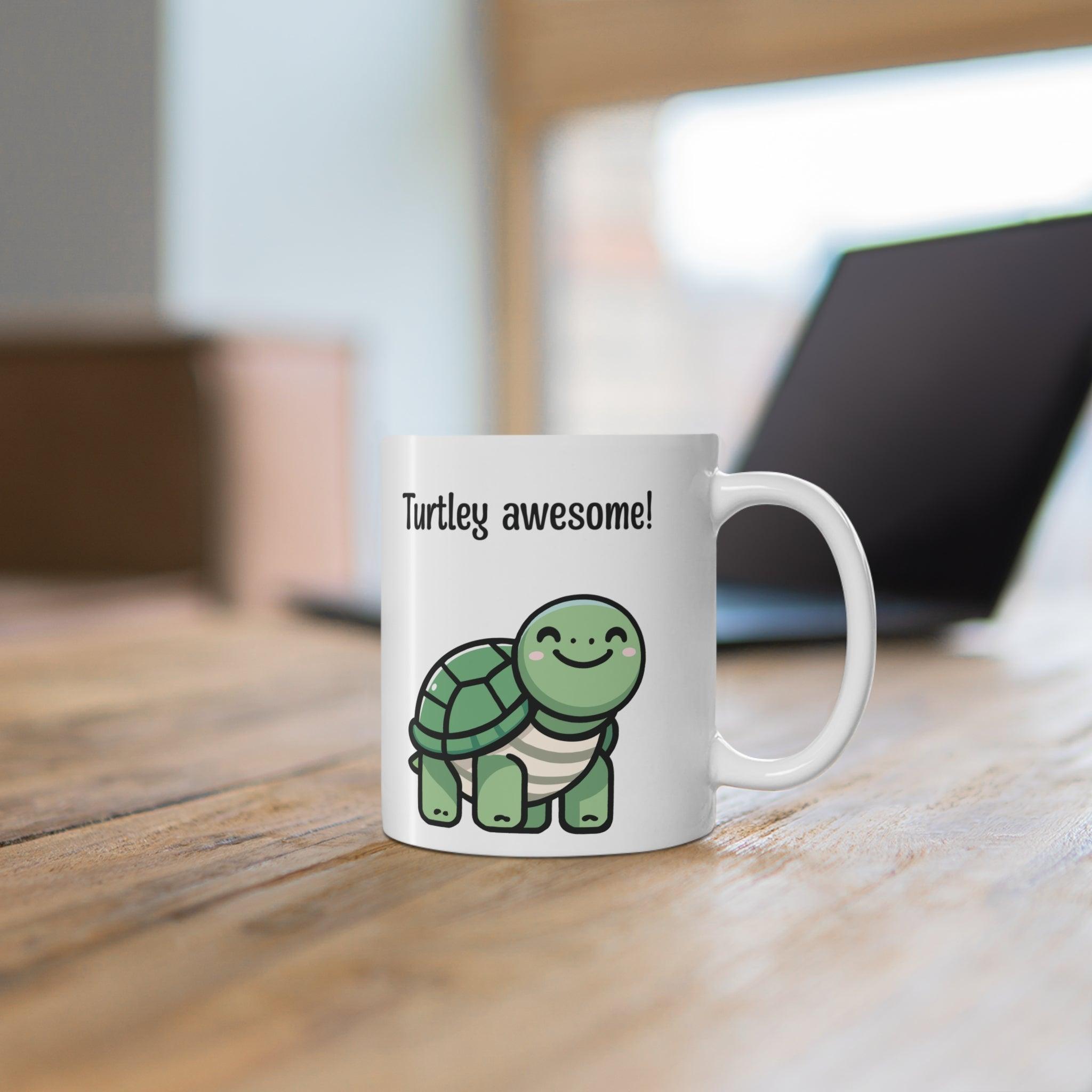 'Turtley Awesome!' Mug - "Cute white ceramic mug featuring a cartoon turtle and the playful text 'Turtley Awesome!,' perfect for turtle lovers and pun fans."