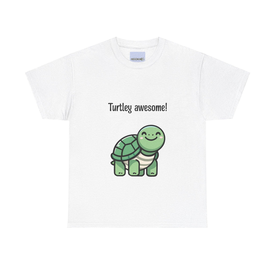 White T-shirt featuring a cartoon turtle with the phrase 'Turtley Awesome!' A cute and playful design, perfect for anyone who loves turtles and puns.
