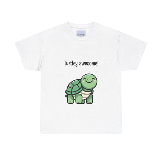 White T-shirt featuring a cartoon turtle with the phrase 'Turtley Awesome!' A cute and playful design, perfect for anyone who loves turtles and puns.