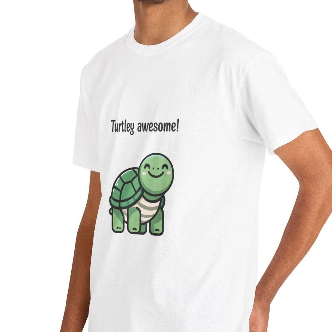 White T-shirt featuring a cartoon turtle with the phrase 'Turtley Awesome!' A cute and playful design, perfect for anyone who loves turtles and puns.