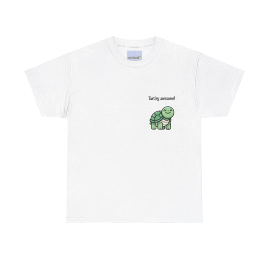 White T-shirt featuring a cartoon turtle with the phrase 'Turtley Awesome!' A cute and playful design, perfect for anyone who loves turtles and puns.