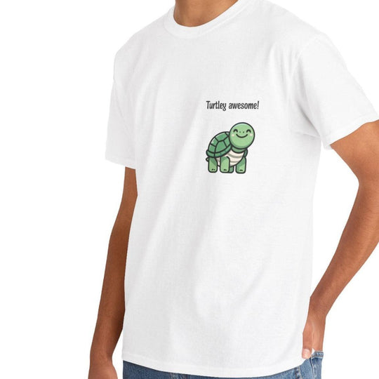 White T-shirt featuring a cartoon turtle with the phrase 'Turtley Awesome!' A cute and playful design, perfect for anyone who loves turtles and puns.