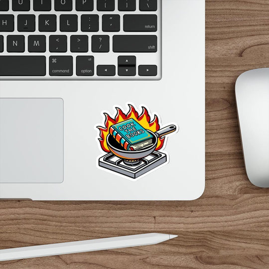 A humorous waterproof sticker with a 'Cook the Books' design, featuring a book in flames. Perfect for accounting or finance enthusiasts - Baby Keo