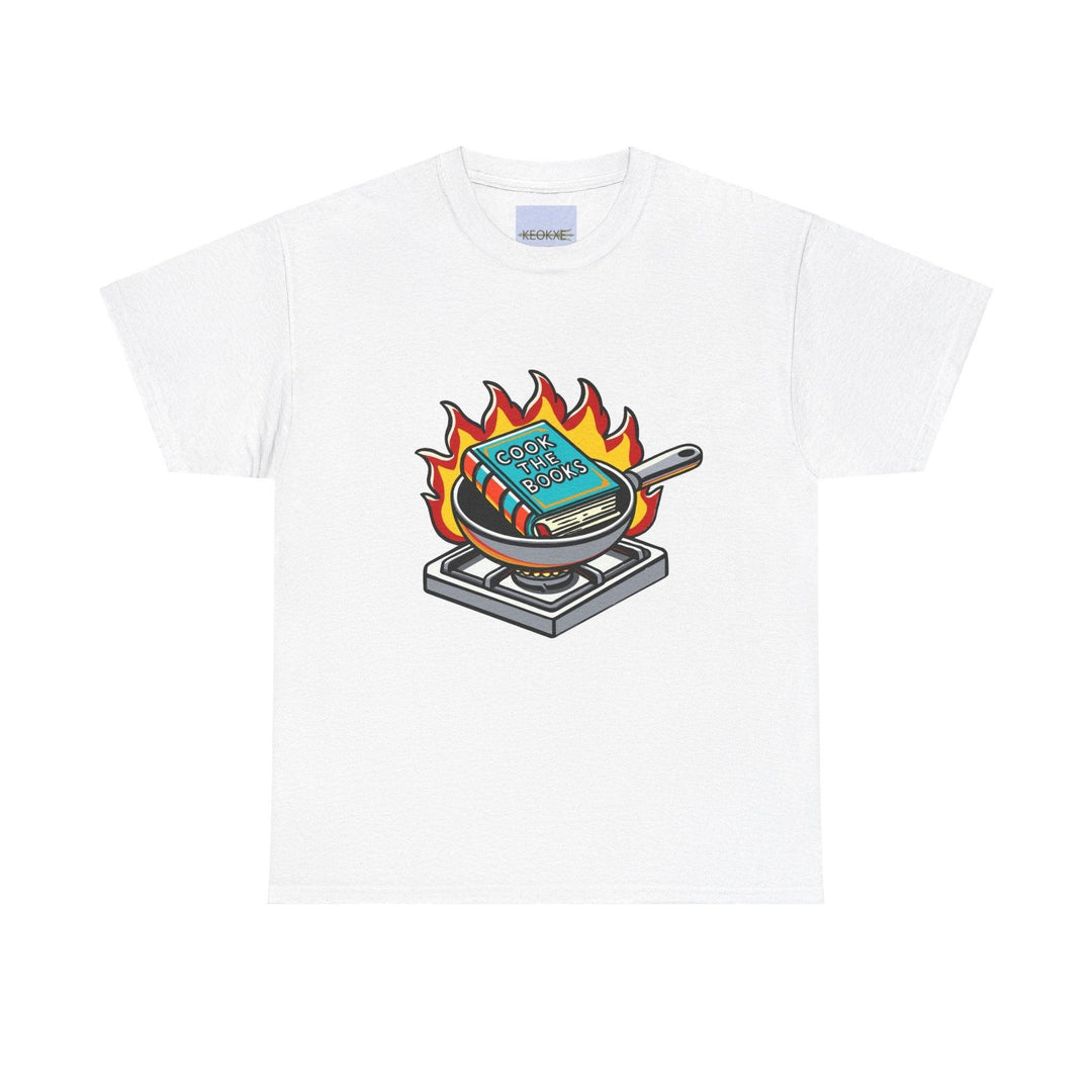 White T-shirt with an illustration of a burning book on a stove, humorously conveying the phrase 'Cook the Books.' A clever and cheeky design for book lovers and accountants alike.