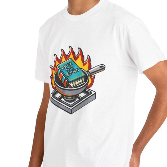 White T-shirt with an illustration of a burning book on a stove, humorously conveying the phrase 'Cook the Books.' A clever and cheeky design for book lovers and accountants alike.