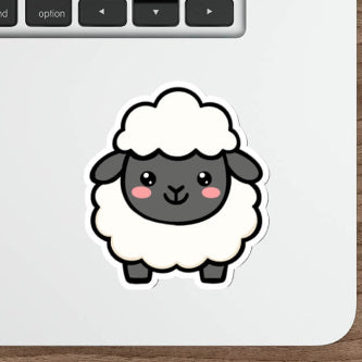 Cute kawaii sheep sticker featuring a fluffy white lamb with a smiling face, rosy cheeks and minimalist cartoon design.