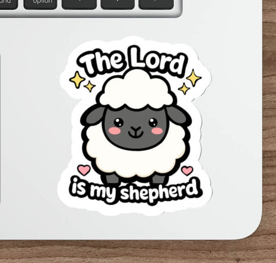 Cute Psalm 23 Christian sheep sticker featuring a smiling kawaii lamb with the words The Lord Is My Shepherd.
