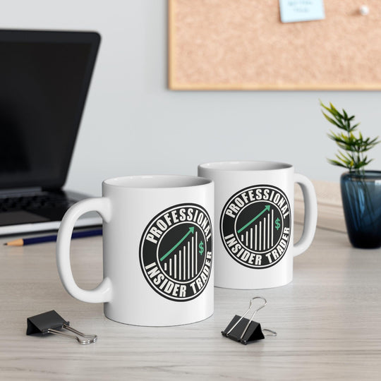 White ceramic mug with a parody of a well-known coffee logo, featuring the text 'Professional Insider Trader,' perfect for coffee and trading enthusiasts.