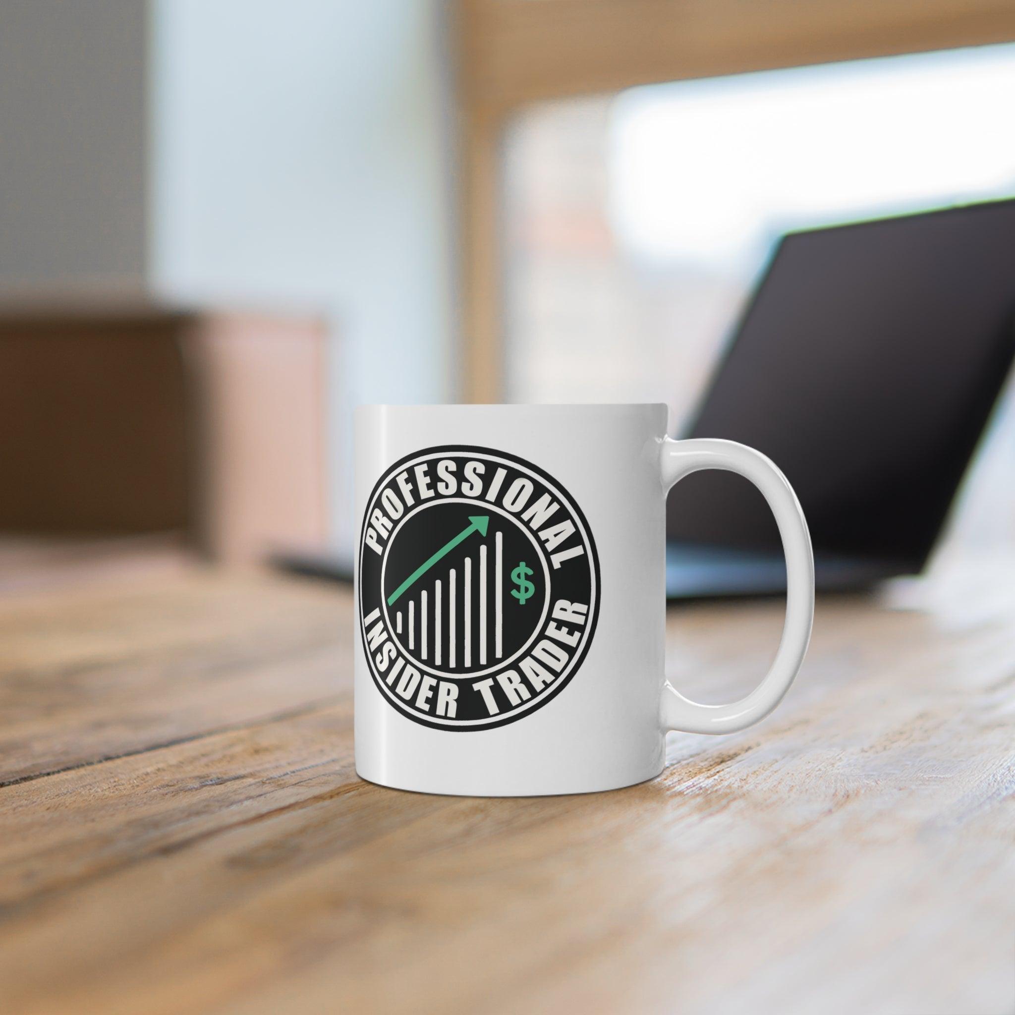 White ceramic mug with a parody of a well-known coffee logo, featuring the text 'Professional Insider Trader,' perfect for coffee and trading enthusiasts.