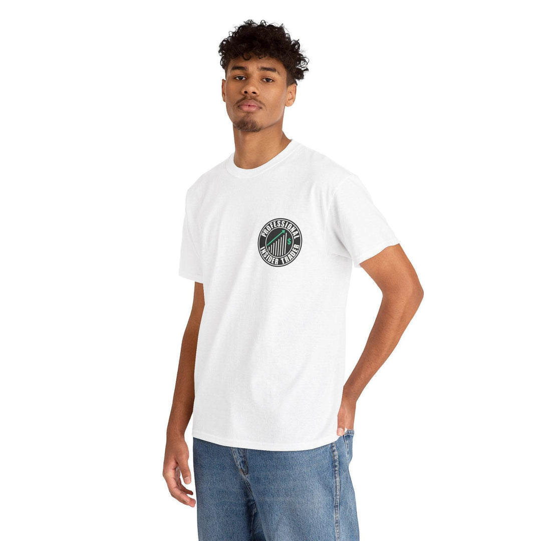 White T-shirt with a bold logo-style design and the phrase 'Professional Insider Trader.' A humorous take on finance culture, ideal for those in the business world who appreciate a good joke