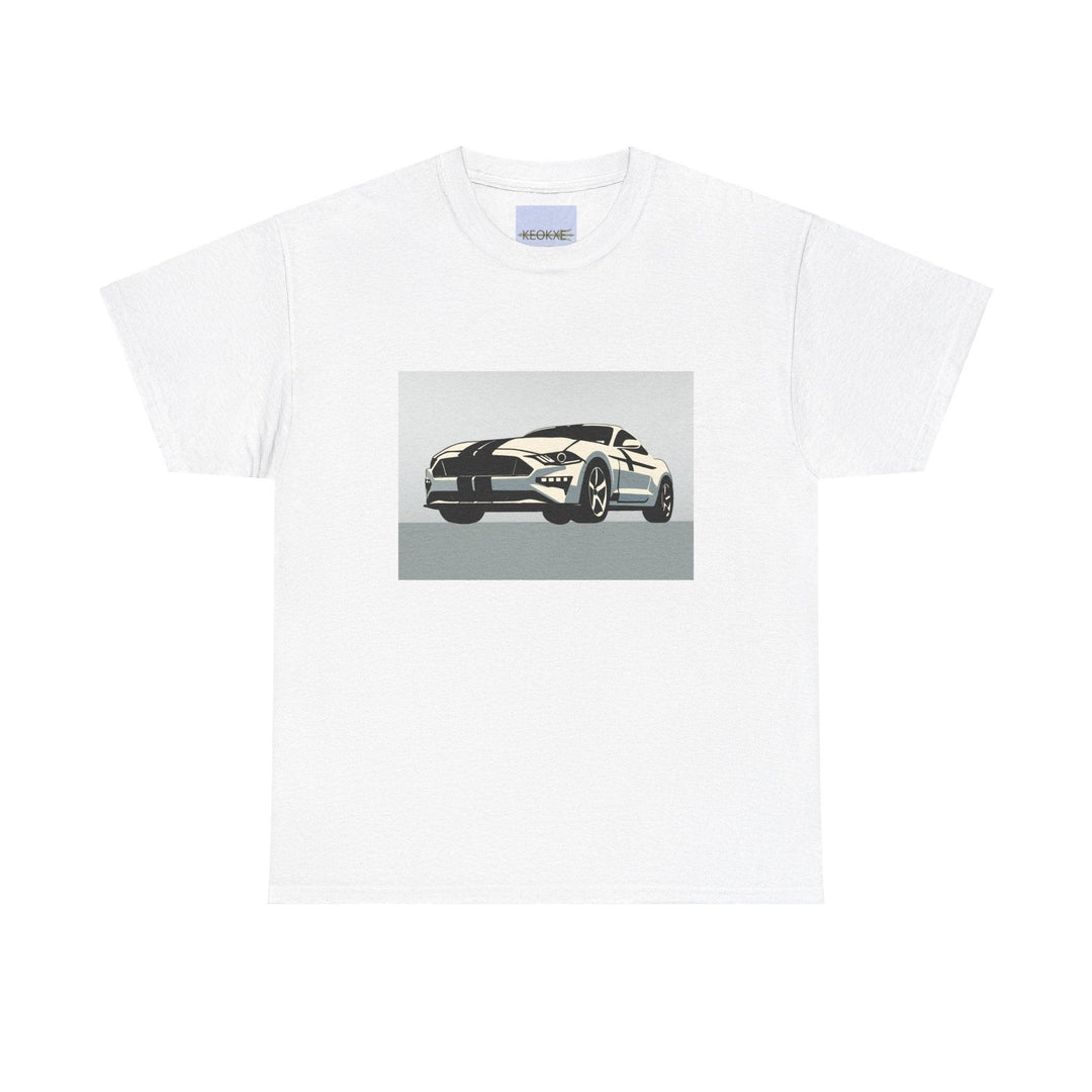 White unisex T-shirt featuring an illustration of a powerful muscle car. A cool and stylish design for fans of classic cars and racing culture."