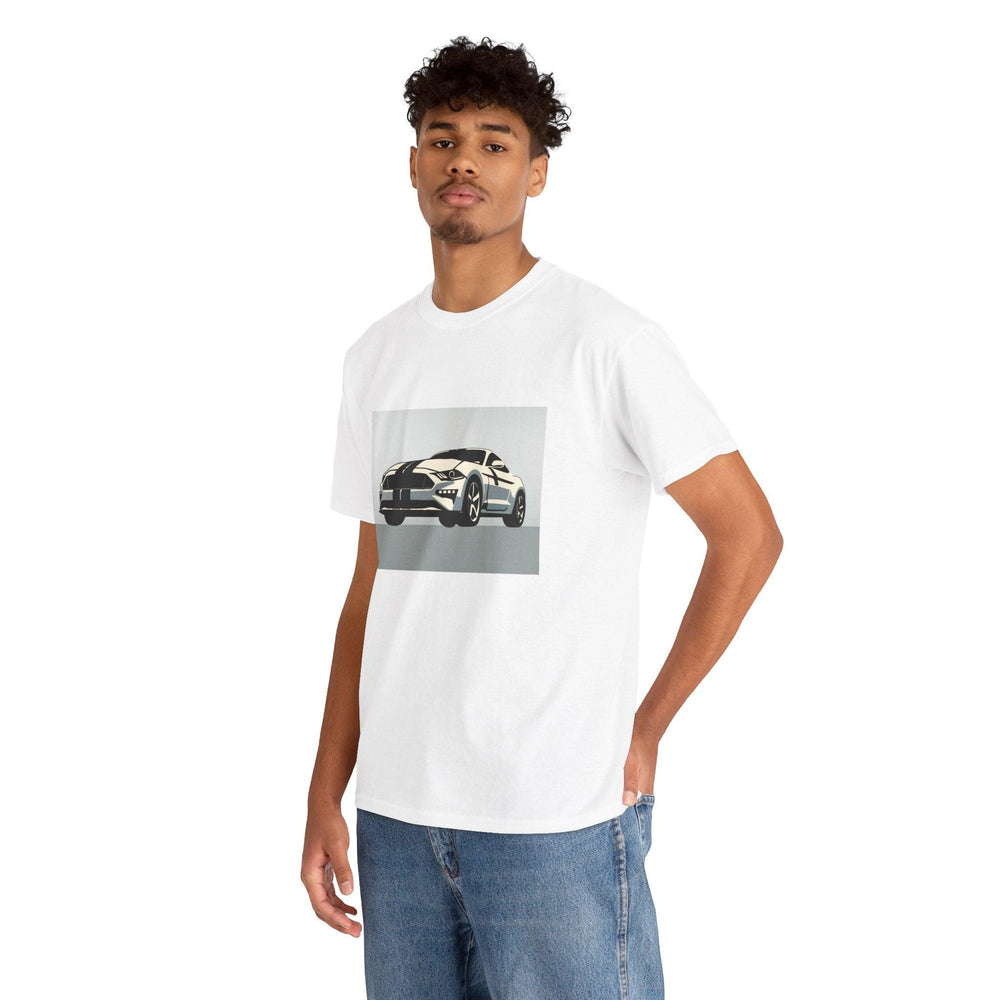 White unisex T-shirt featuring an illustration of a powerful muscle car. A cool and stylish design for fans of classic cars and racing culture."
