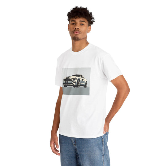 White unisex T-shirt featuring an illustration of a powerful muscle car. A cool and stylish design for fans of classic cars and racing culture."