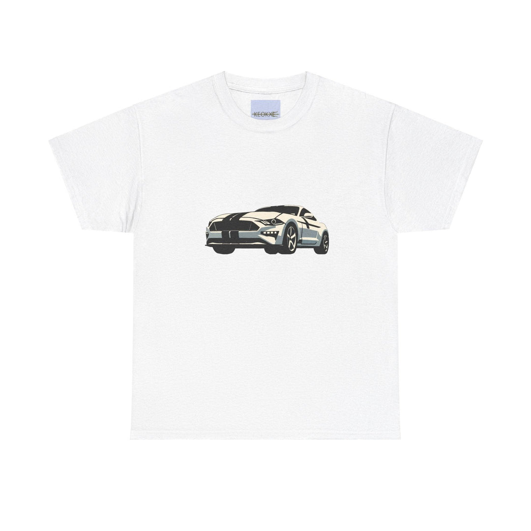 White unisex T-shirt featuring an illustration of a powerful muscle car. A cool and stylish design for fans of classic cars and racing culture."