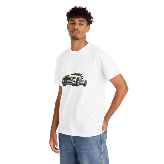 White unisex T-shirt featuring an illustration of a powerful muscle car. A cool and stylish design for fans of classic cars and racing culture."