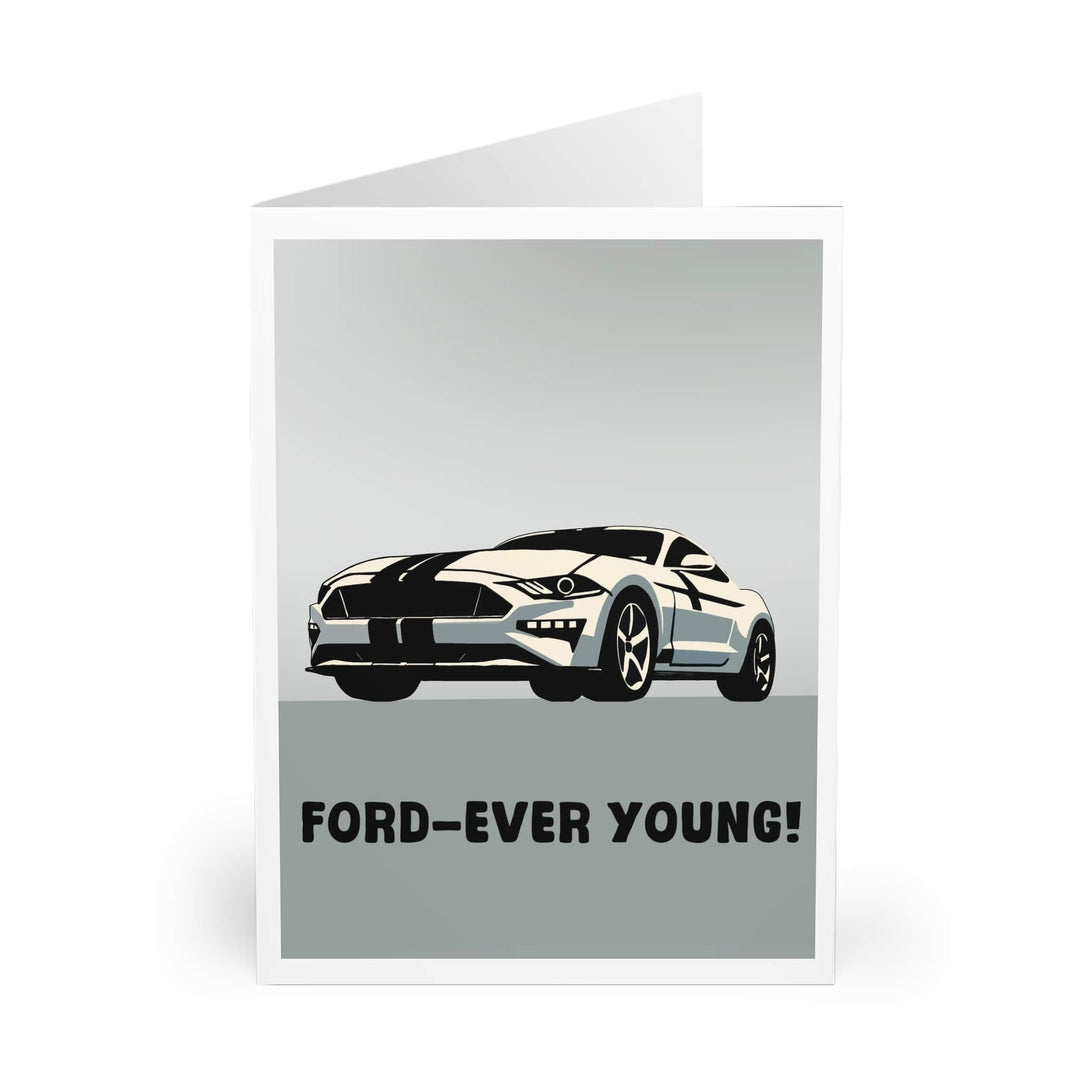 Fun and punny birthday card showcasing a sleek Ford car with the caption 'Ford-ever Young!' Ideal for car lovers or someone celebrating a milestone birthday - Baby Keo