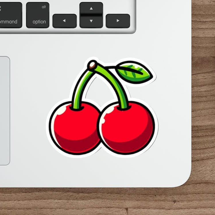 A bright and cheerful waterproof sticker of two cartoon cherries with leaves. Great for fruit lovers or personalizing items  KEOLIX 