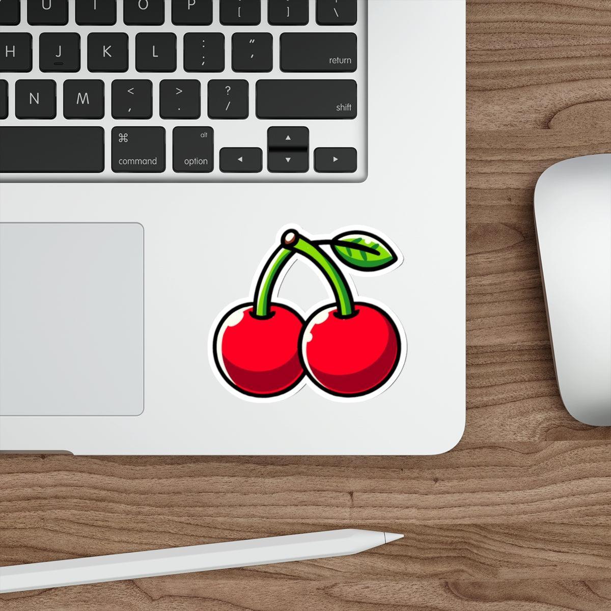 A bright and cheerful waterproof sticker of two cartoon cherries with leaves. Great for fruit lovers or personalizing items  KEOLIX 