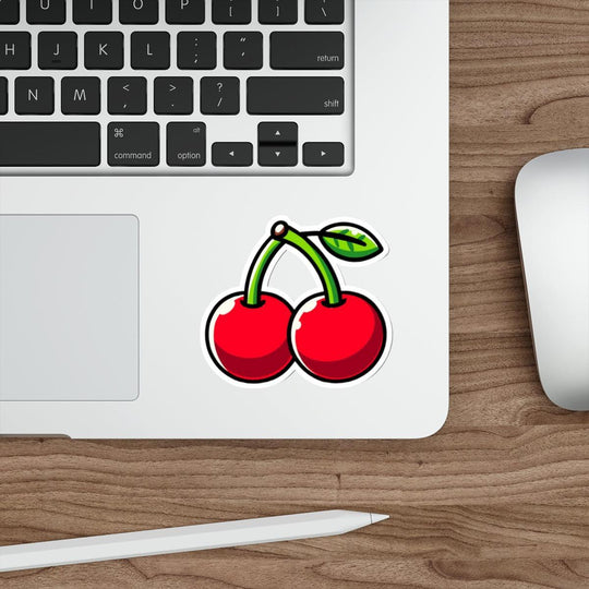 A bright and cheerful waterproof sticker of two cartoon cherries with leaves. Great for fruit lovers or personalizing items  KEOLIX 
