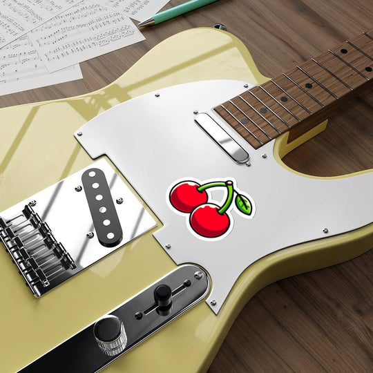 A bright and cheerful waterproof sticker of two cartoon cherries with leaves. Great for fruit lovers or personalizing items   KEOLIX 