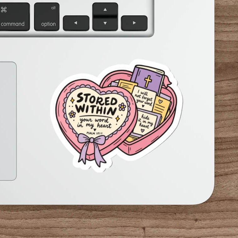 Stored Within Psalm 119:11 Christian sticker featuring a pink heart-shaped box filled with a Bible and Scripture notes