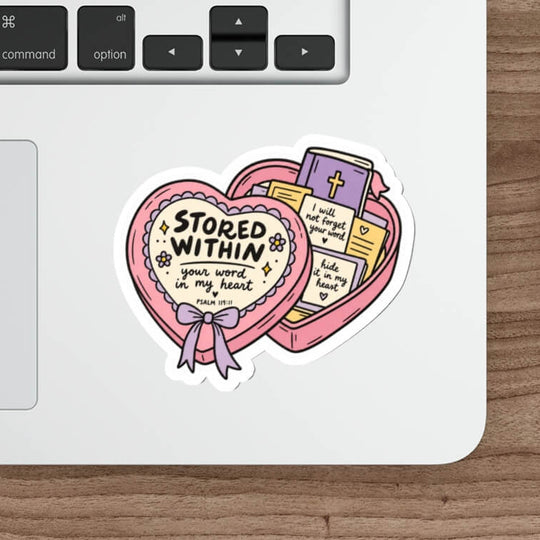 Stored Within Psalm 119:11 Christian sticker featuring a pink heart-shaped box filled with a Bible and Scripture notes