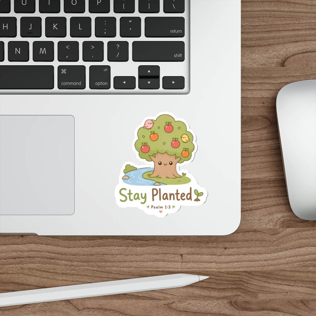 Cute Psalm 1:3 Christian sticker featuring a smiling fruit tree planted beside flowing water with birds and the words Stay Planted.