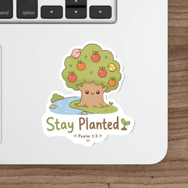 Cute Psalm 1:3 Christian sticker featuring a smiling fruit tree planted beside flowing water with birds and the words Stay Planted.
