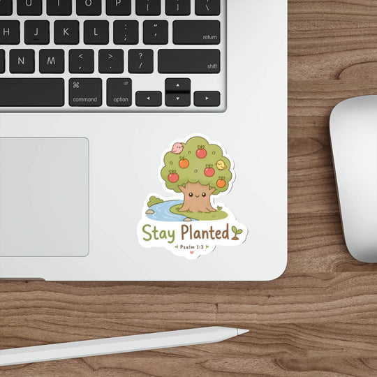 Cute Psalm 1:3 Christian sticker featuring a smiling fruit tree planted beside flowing water with birds and the words Stay Planted.