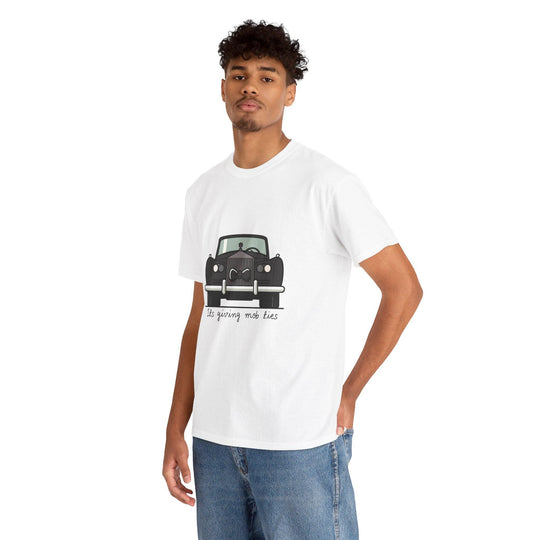 White unisex T-shirt featuring a vintage car illustration with the phrase 'It's Giving Mob Ties.' A bold design evoking a sense of old-school style and a nod to the mafia aesthetic."