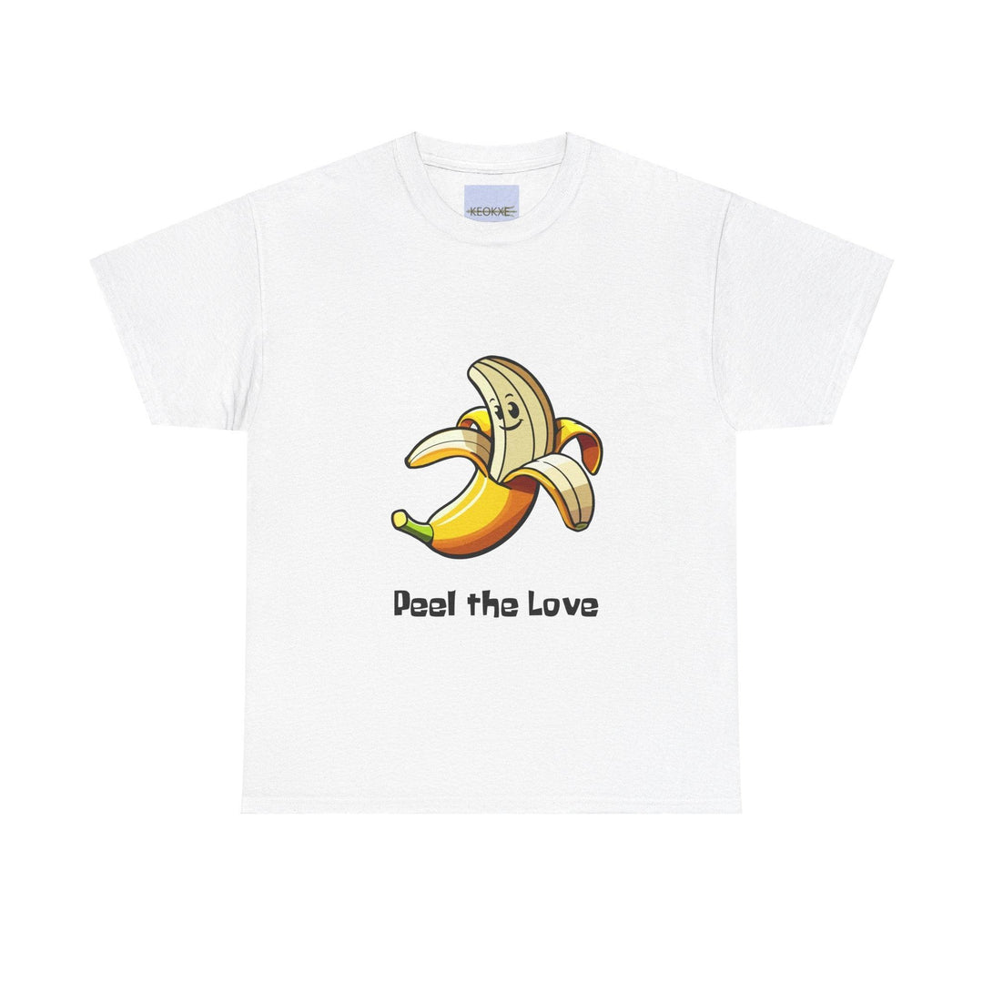 White T-shirt featuring a cute cartoon banana peeling itself with the phrase 'Peel the Love.' A fun and quirky design for fruit lovers and fans of playful puns.