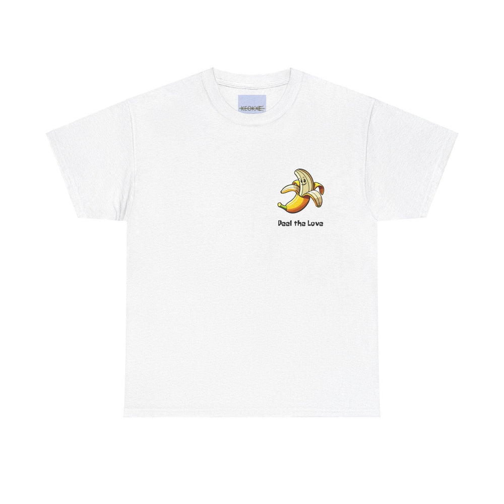 White T-shirt featuring a cute cartoon banana peeling itself with the phrase 'Peel the Love.' A fun and quirky design for fruit lovers and fans of playful puns.