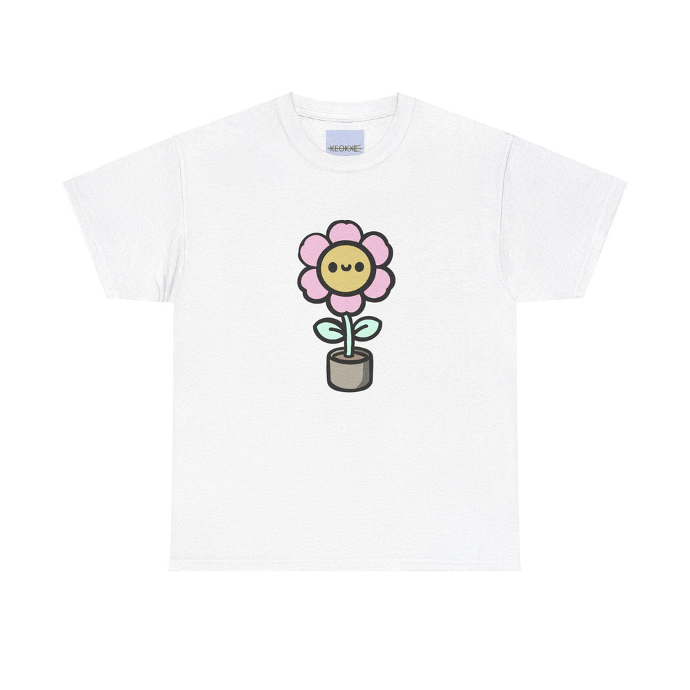 White T-shirt with a simple and cute cartoon flower design, featuring a pink flower with a happy face on a green stem. A playful and minimalistic design for nature lovers or fans of cute illustrations."
