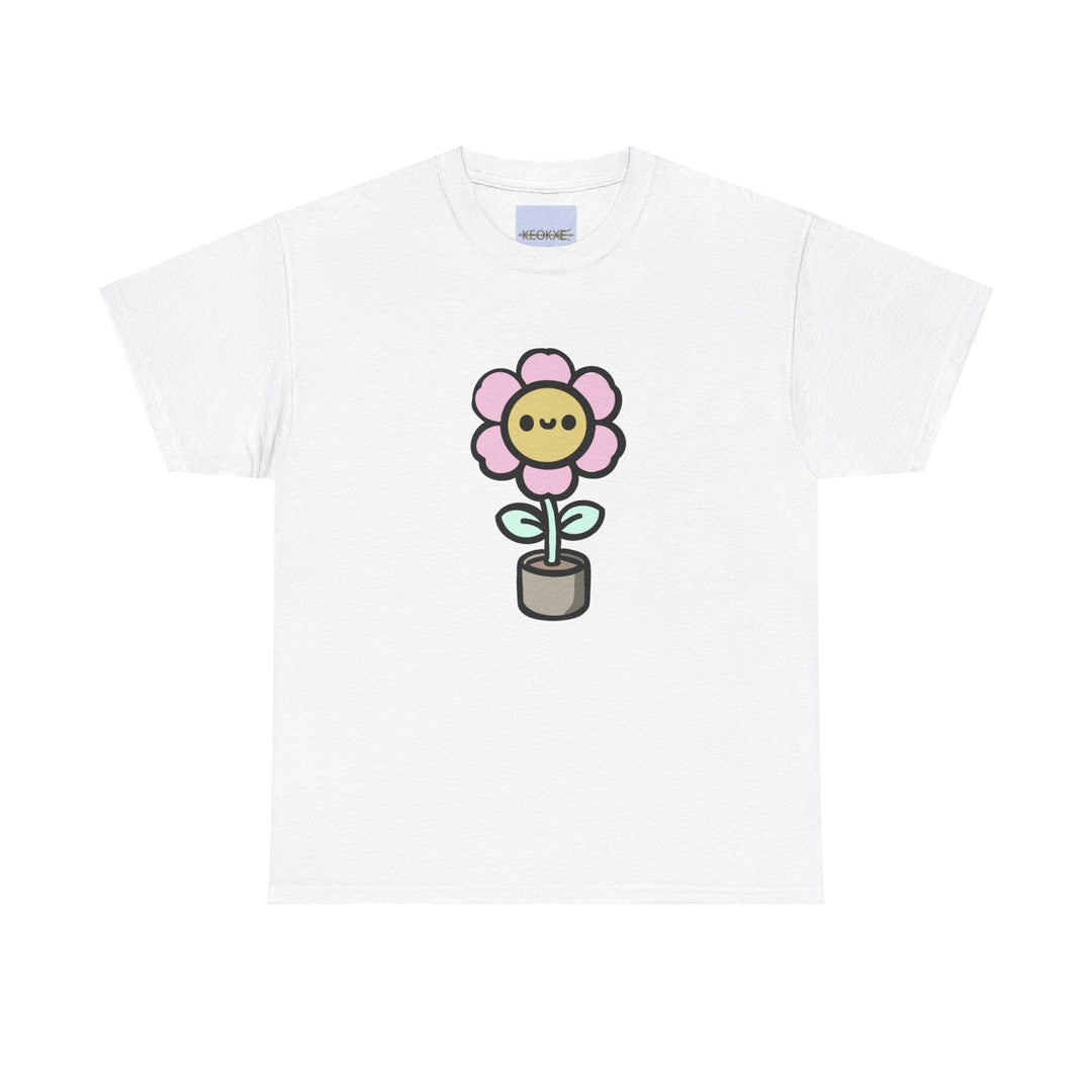 White T-shirt with a simple and cute cartoon flower design, featuring a pink flower with a happy face on a green stem. A playful and minimalistic design for nature lovers or fans of cute illustrations."