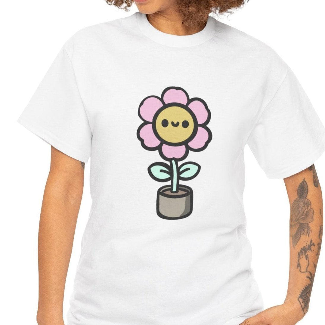 White T-shirt with a simple and cute cartoon flower design, featuring a pink flower with a happy face on a green stem. A playful and minimalistic design for nature lovers or fans of cute illustrations."