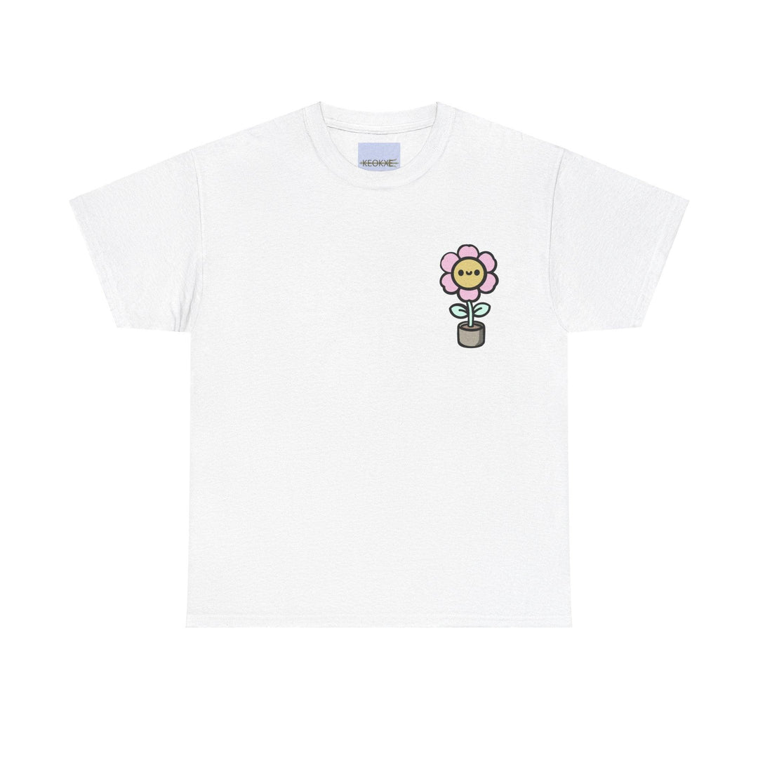 White T-shirt with a simple and cute cartoon flower design, featuring a pink flower with a happy face on a green stem. A playful and minimalistic design for nature lovers or fans of cute illustrations."