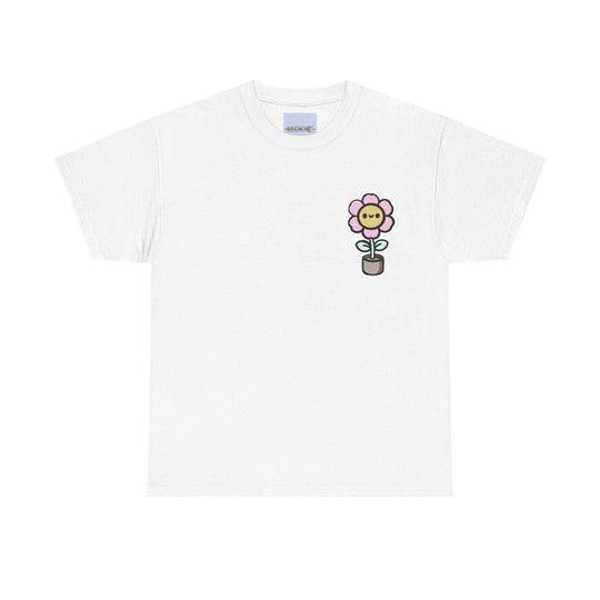 White T-shirt with a simple and cute cartoon flower design, featuring a pink flower with a happy face on a green stem. A playful and minimalistic design for nature lovers or fans of cute illustrations."