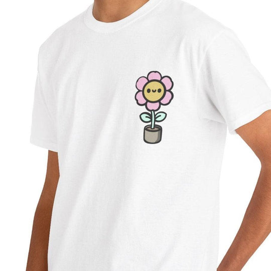 White T-shirt with a simple and cute cartoon flower design, featuring a pink flower with a happy face on a green stem. A playful and minimalistic design for nature lovers or fans of cute illustrations."