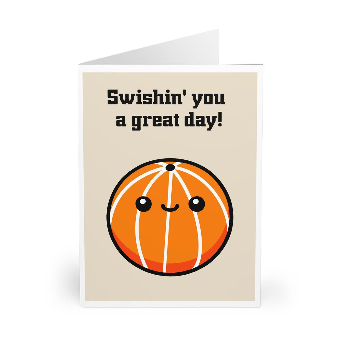 Fun basketball-themed card with a happy basketball illustration and the phrase 'Swishin' You a Great Day!' Perfect for sports lovers or sending positive vibes - Baby Keo